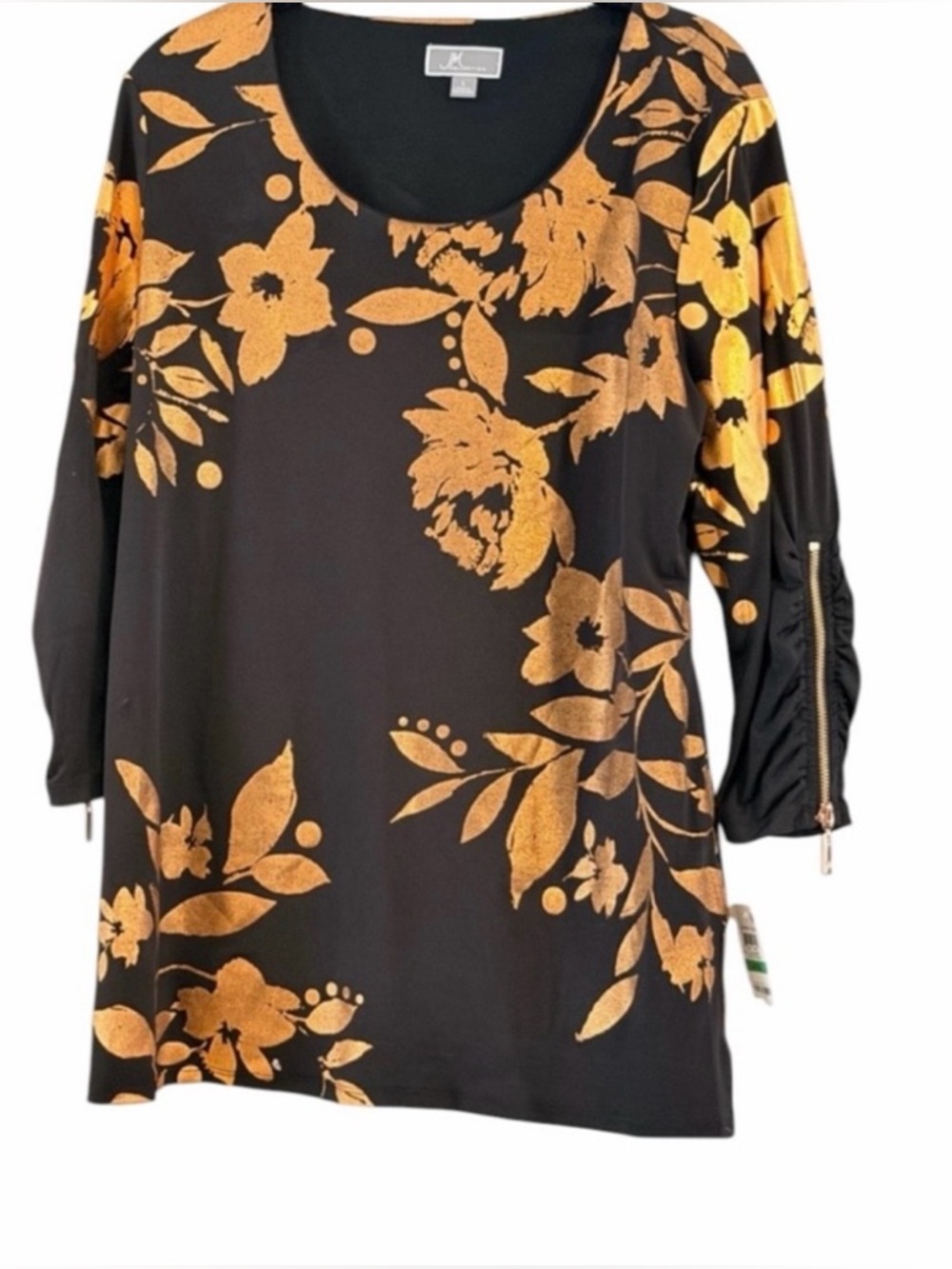NWT JM Collection Black Gold Foil Floral Top 3/4 Zip Sleeve Size L